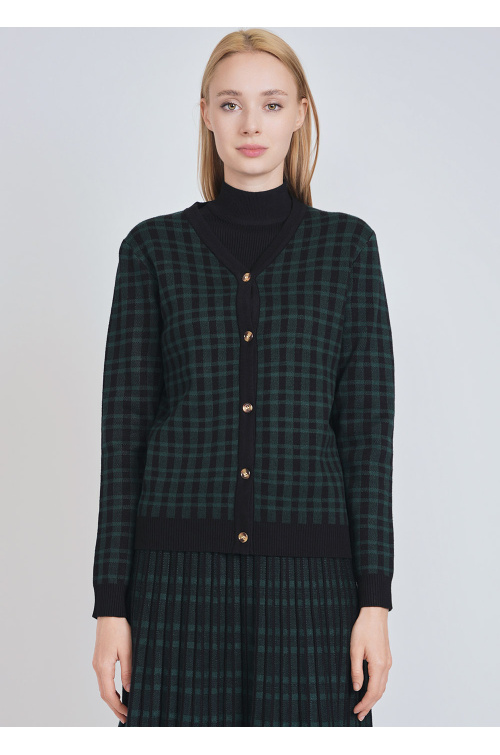 Black Cardigan with Green Plaid & V-Neck Detail | Modest Women